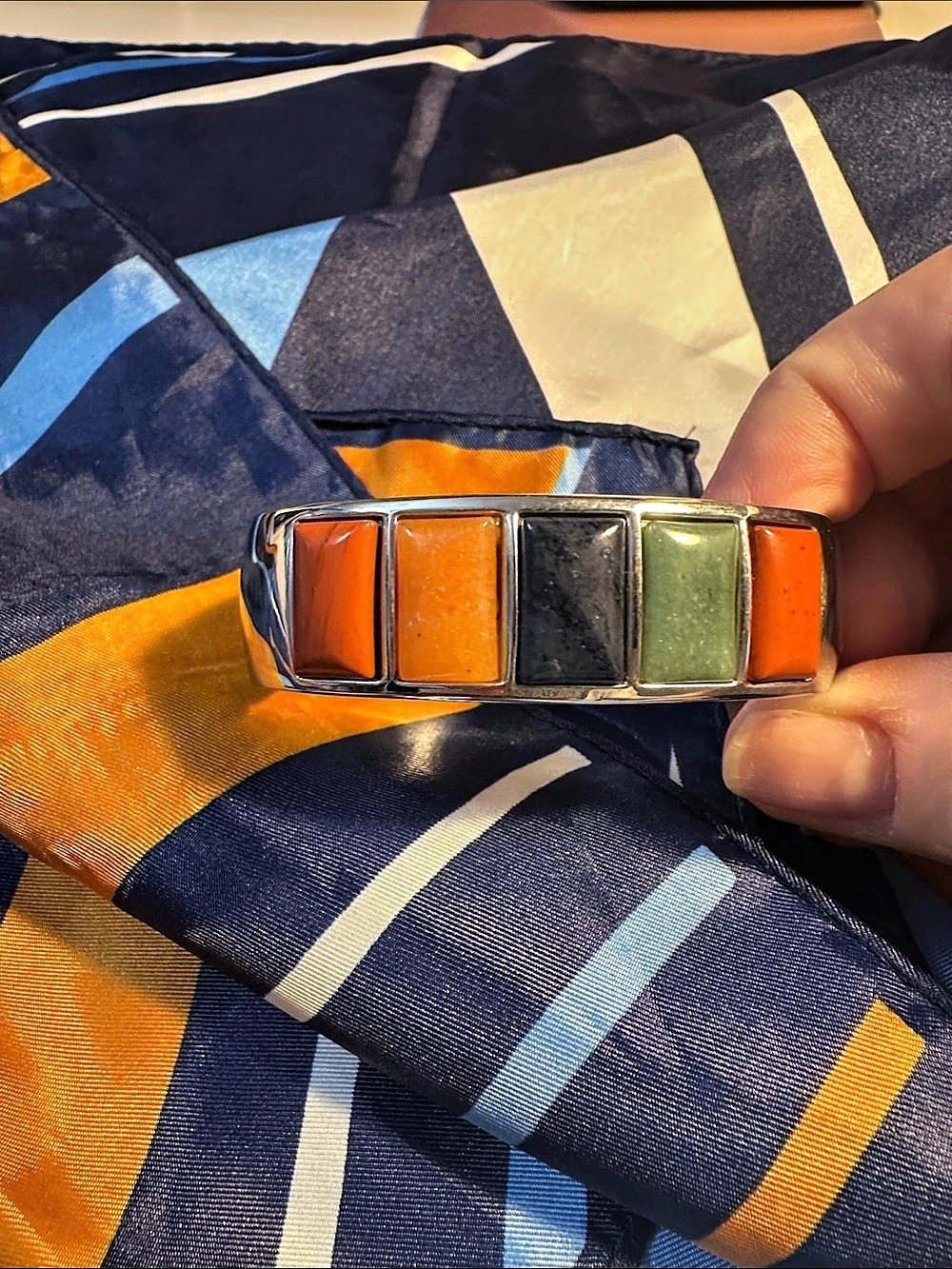 Multicolor Geometric Cuff Bracelet and scarf.
